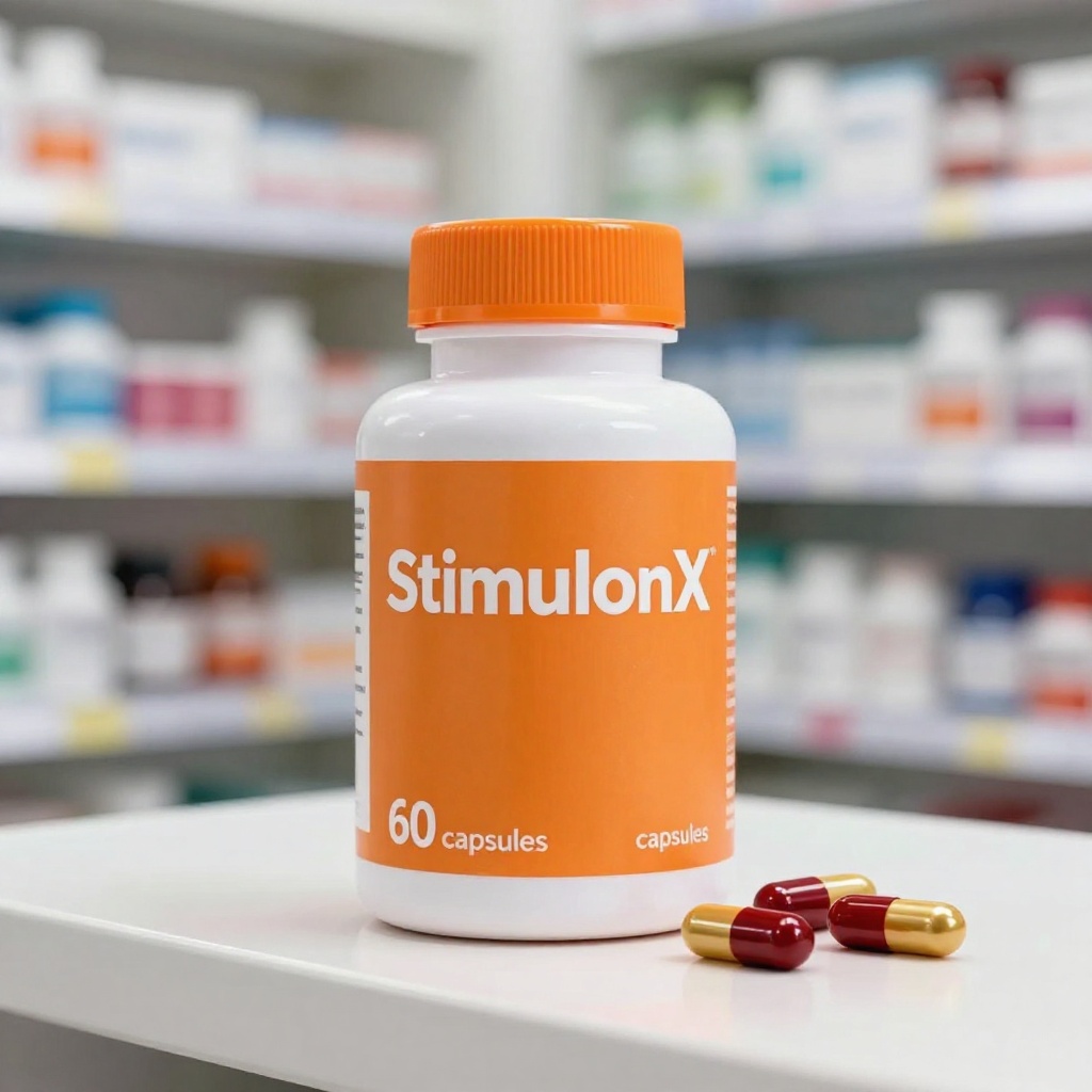 StimulonX - supliment natural în capsule pentru îmbunătățirea circulației sanguine, ambalaj modern cu design farmaceutic profesional, produs pentru susținerea funcțiilor fiziologice